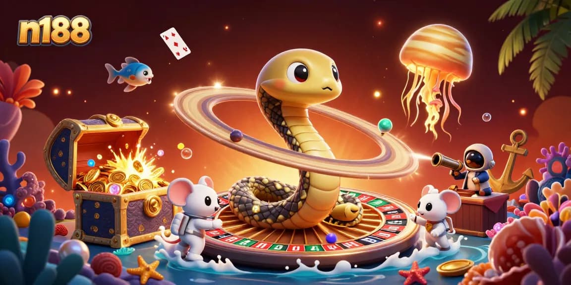 Place bets with n188 as astronaut mice cheer on the cosmic roulette show in this vibrant illustration.