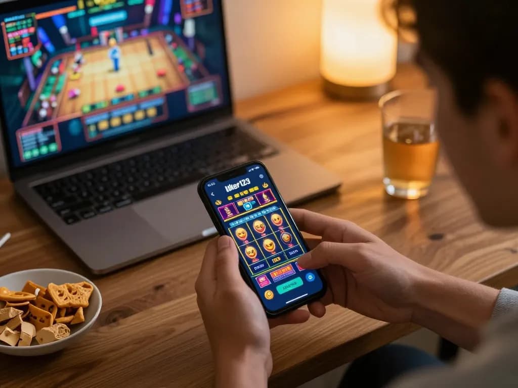 Engaging with the Joker123 app on a smartphone while enjoying casual gaming, showcasing jamsosindonesia platform