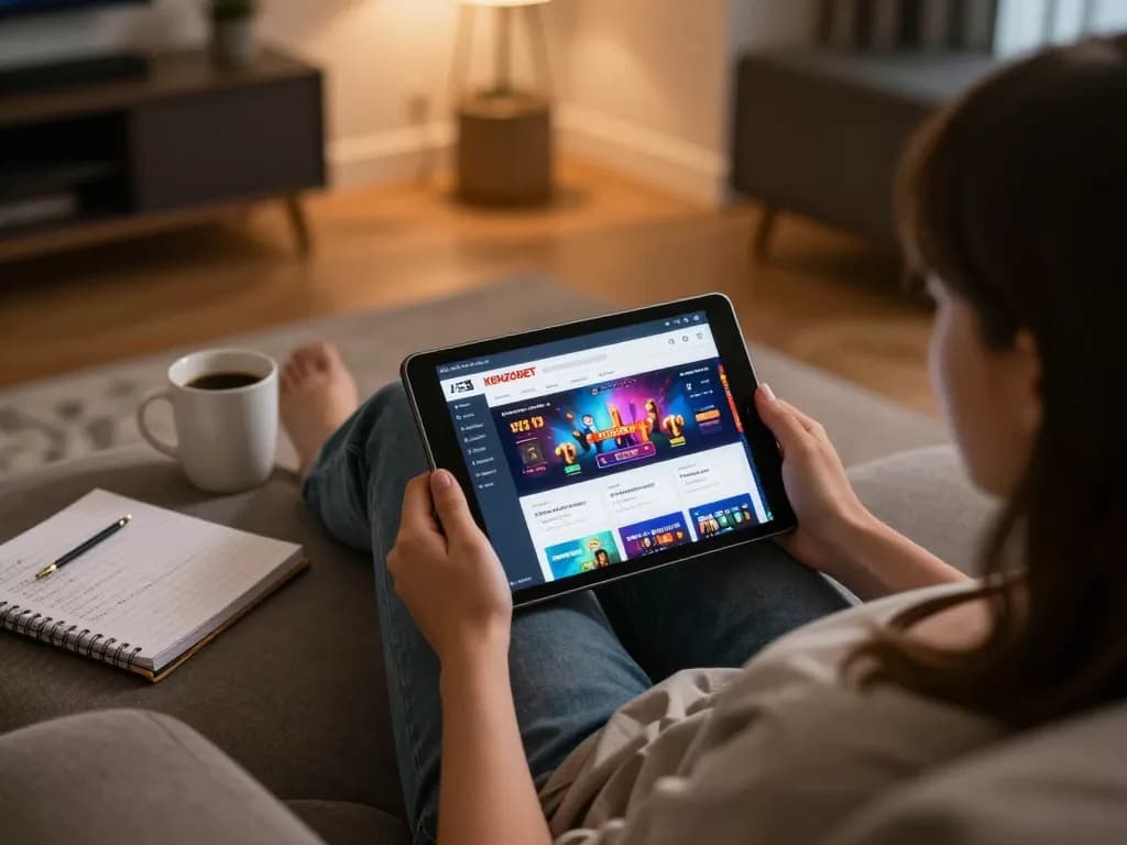 Engaging in online gambling with KENZOBET login on tablet, showcasing a cozy home gaming setup