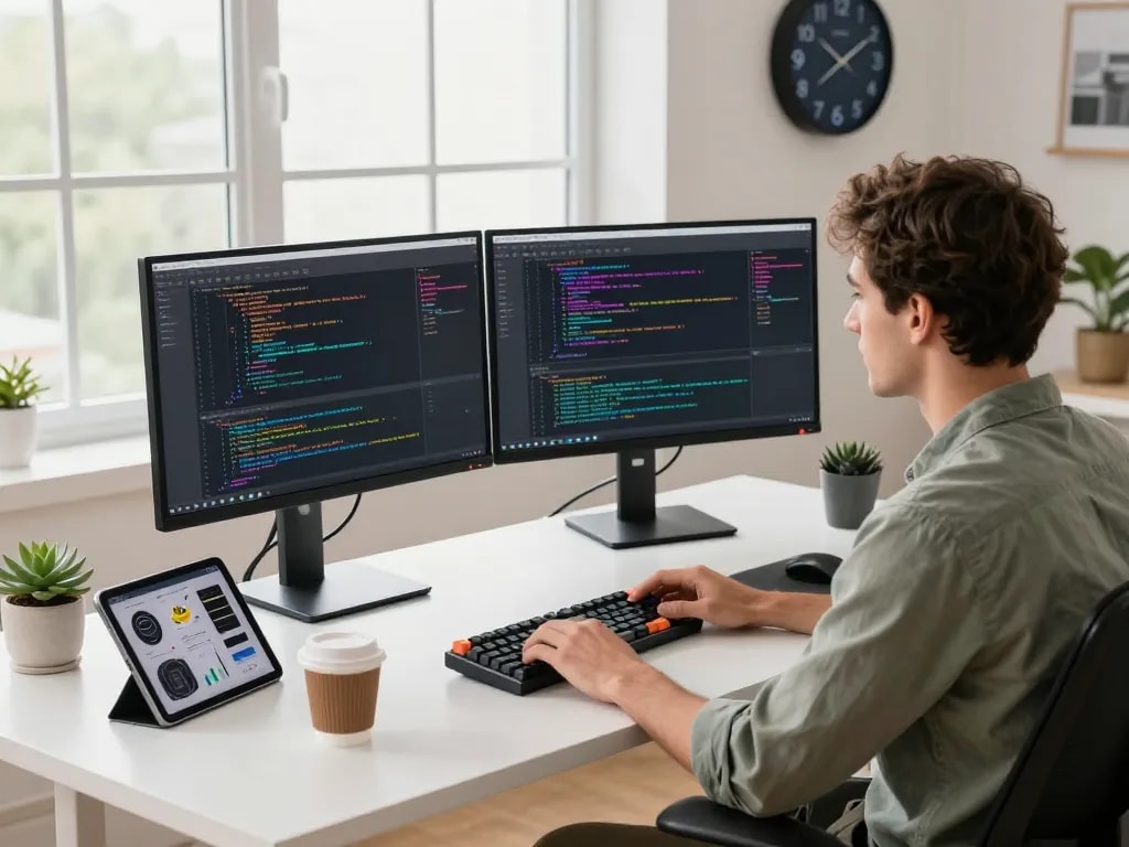 Developer coding with crush ai tools in a modern workspace setting, dual monitors highlight vibrant code.