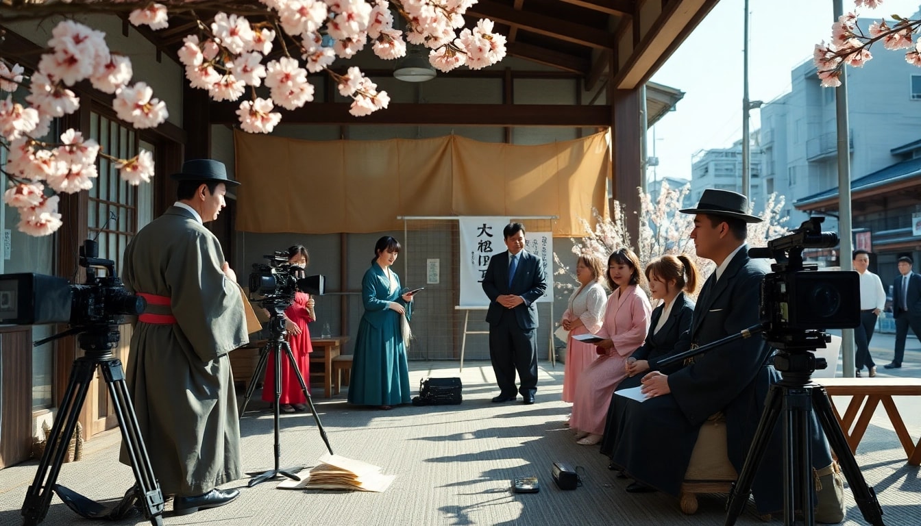 Menggambarkan film jepang dengan suasana set film yang cerah dan modern.