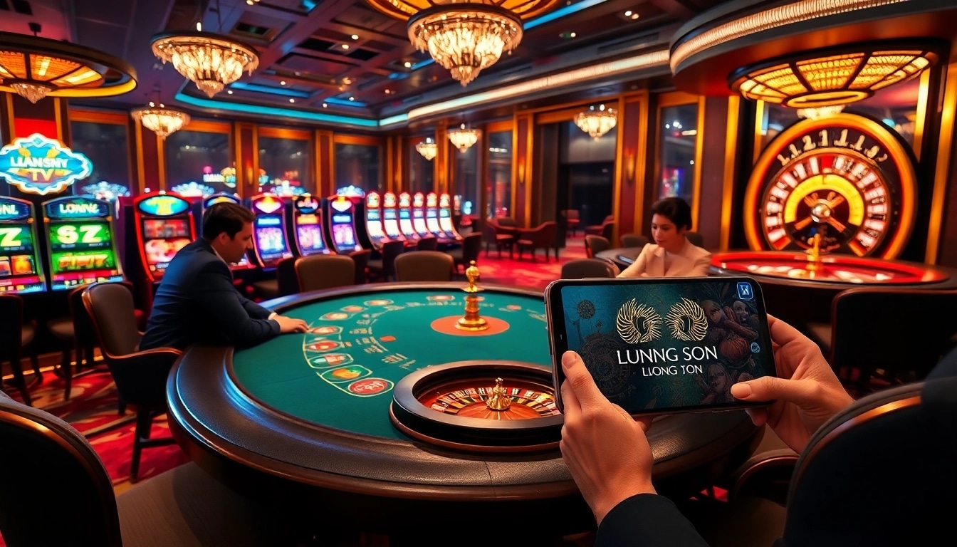Watch players at the Luong Son TV poker table in an exciting casino atmosphere with vibrant gaming elements.