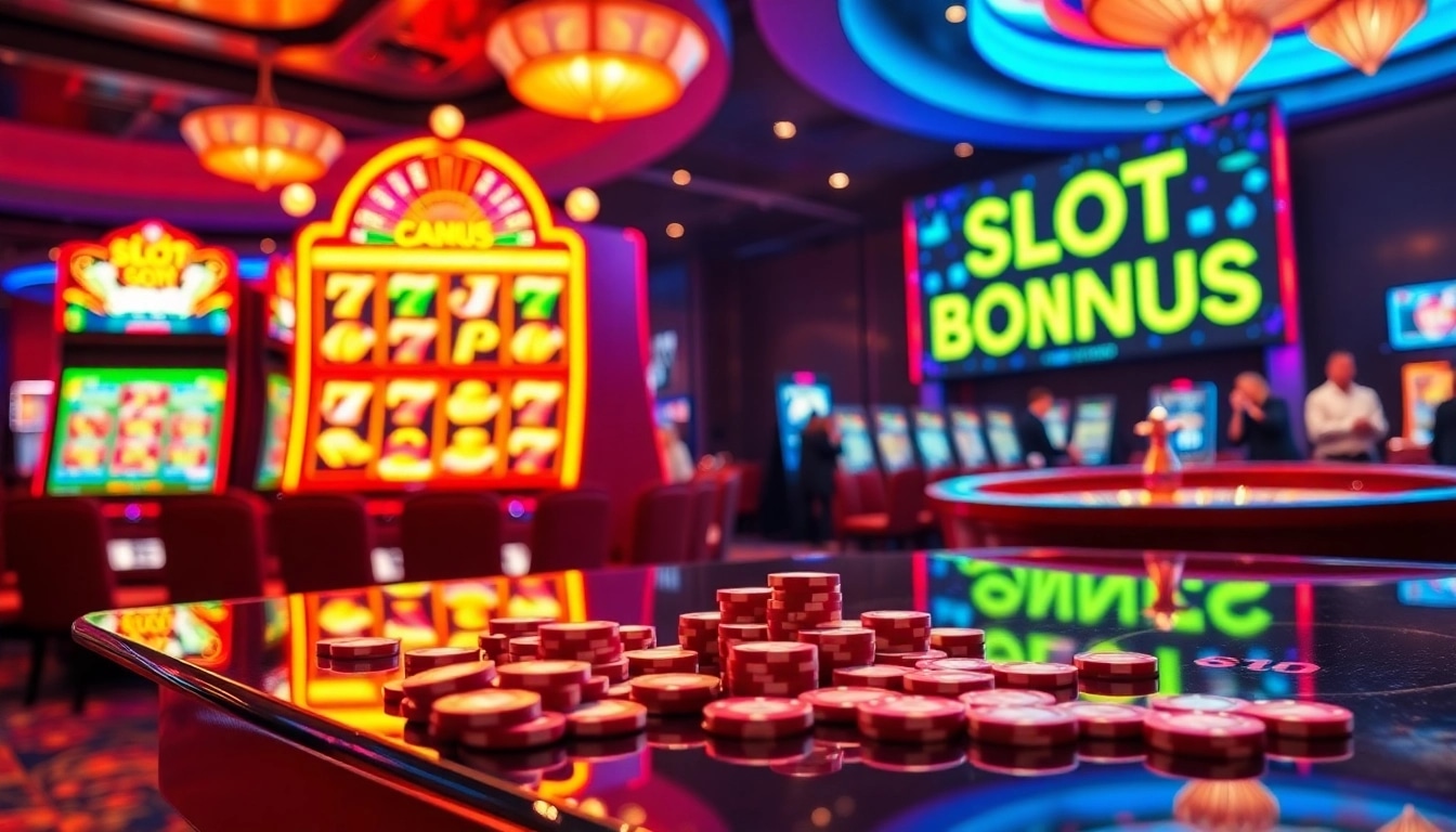 Visually stunning casino scene celebrating the slot bonus new member with vibrant slot machines.
