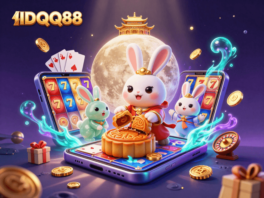 Experience the excitement of IDQQ88 through a vibrant 3D illustration of lucky moon rabbits and slot games.