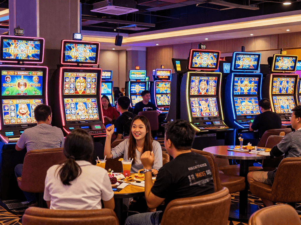 Players enjoying slot gacor games in an exciting casino setting with vibrant lighting and modern slots.