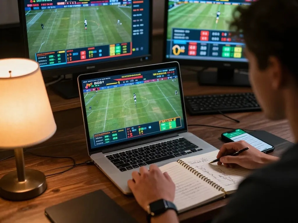 Engaged user analyzing keo nha cai odds on a laptop during a live sports event.