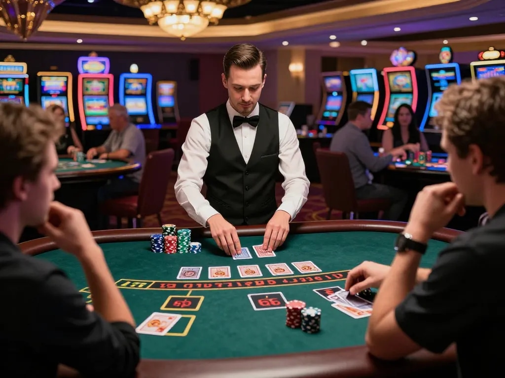 Kuwin players engaged in strategic blackjack action at a live dealer table in a stylish casino.