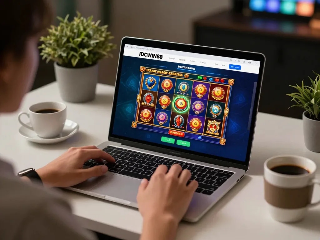 Engaging gameplay on IDCWIN88 online platform with vibrant slot graphics on cozy desk setup.
