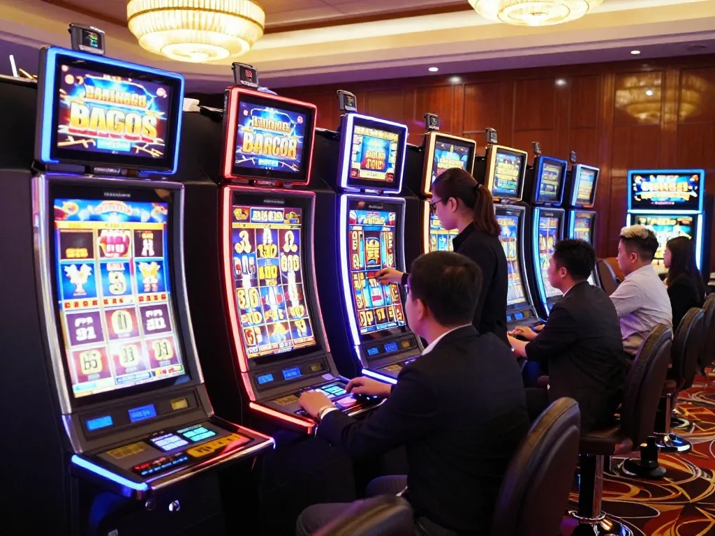 Excited players celebrating wins at colorful slot machines at situs slot gacor casino.