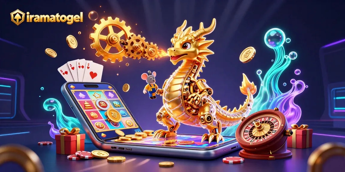 Memenangkan jackpot di iramatogel dengan naga emas dan elemen permainan slot yang menarik.