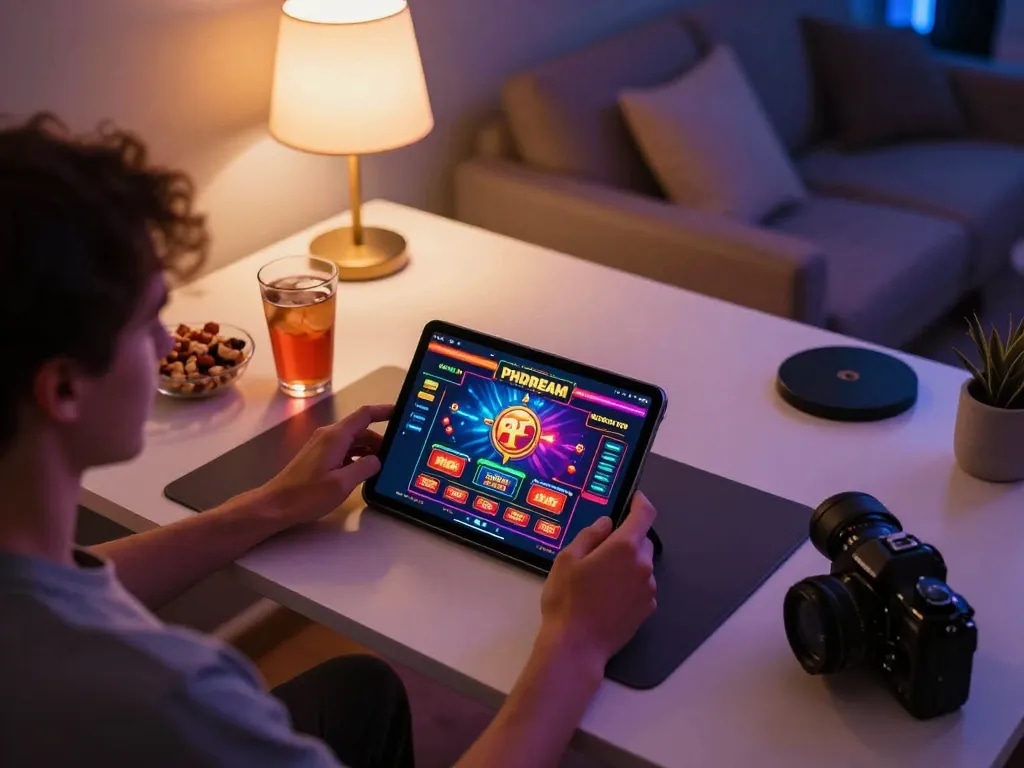 PHDREAM gaming experience with a player using a tablet, engaging with dynamic online casino games.