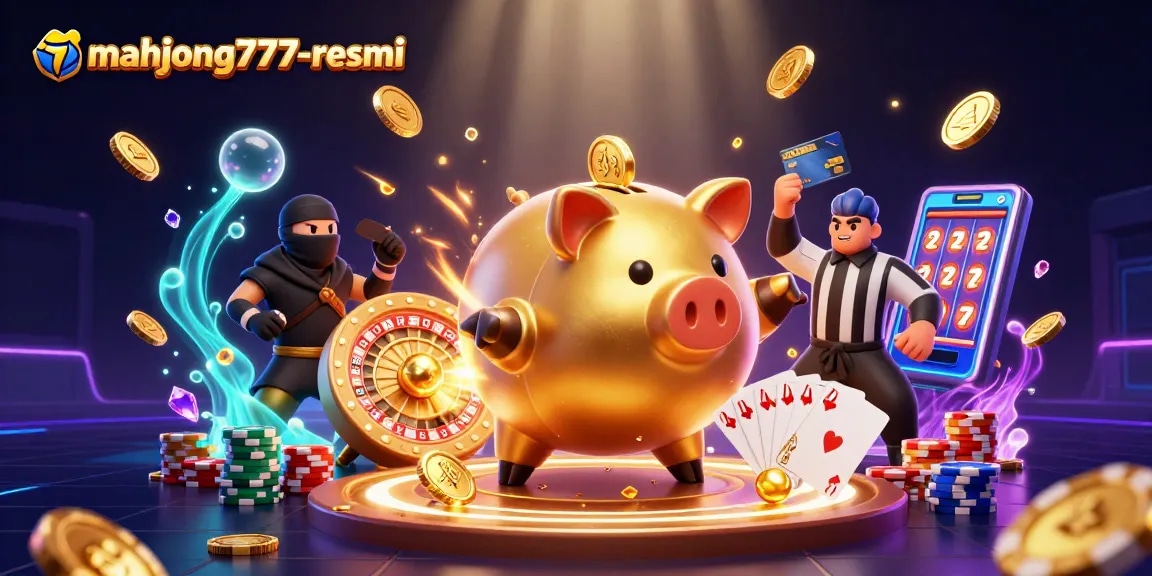 Engage with mahjong777-resmi's exciting gaming scene showcasing dynamic characters amid cascading coins and roulette elements.