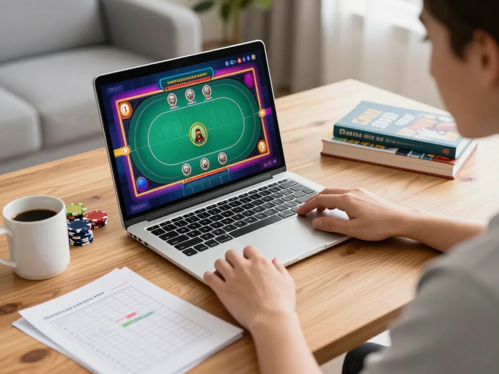 MPO08 player strategizing during an online poker session at home, showcasing responsible gaming.