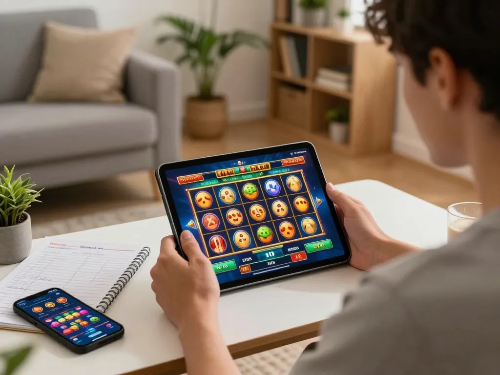 SATRIA123 player enjoying a thrilling online slot game on a cozy living room tablet setup, with strategic notes nearby.