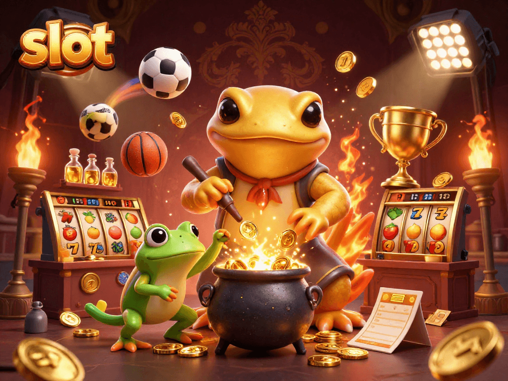 Engage with the enchanting slot world as a golden salamander alchemist creates coins amidst sports excitement.