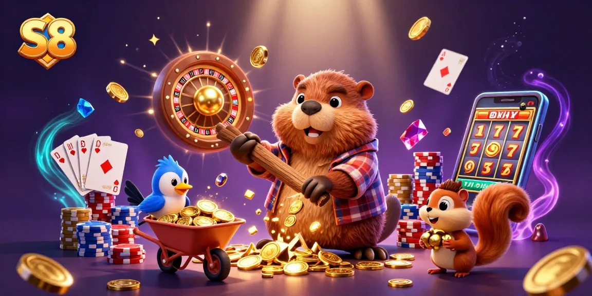 S8 invites players to grab golden coins and gems in this exciting casino-themed adventure illustration.