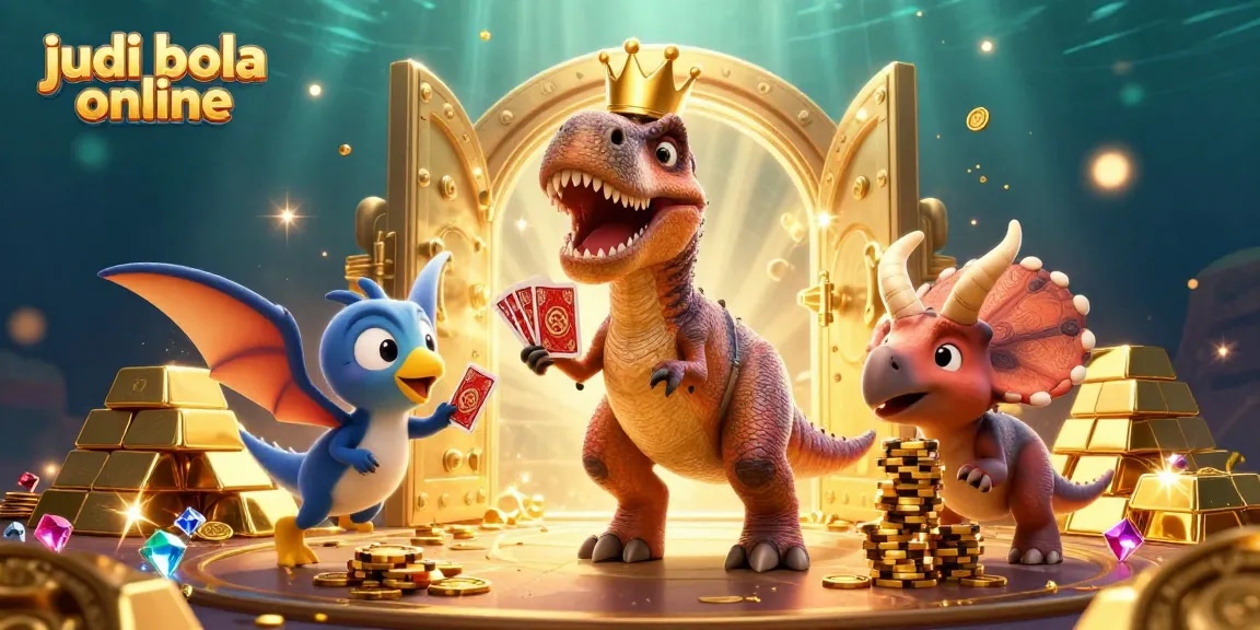 Engage in judi bola online with a vibrant casino scene featuring a T-Rex shuffling cards.