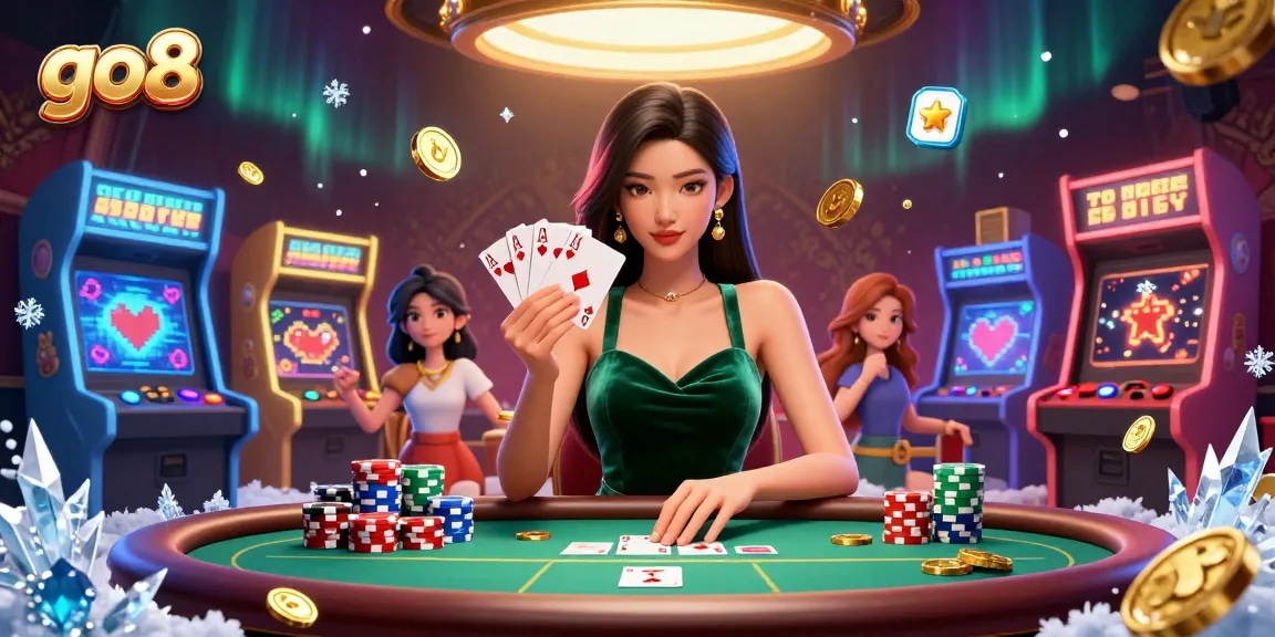 Experience thrilling gameplay at go8, where a stunning player engages at a luxury poker table with vibrant game elements.