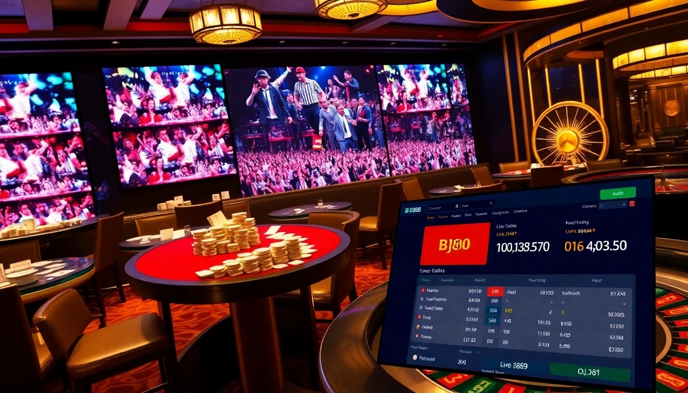 Engaging scene of BJ88's live-streamed betting experience with dramatic casino elements.