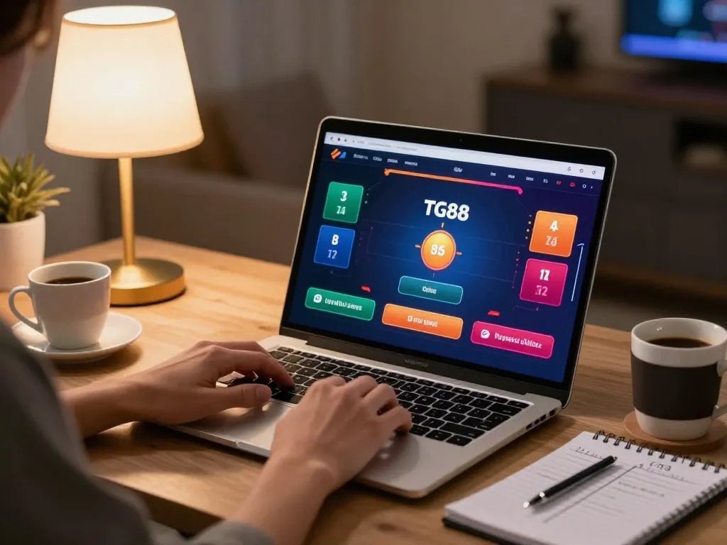 Experience dynamic gameplay on TG88 with a live dealer session displayed on a laptop, creating a modern online casino vibe.