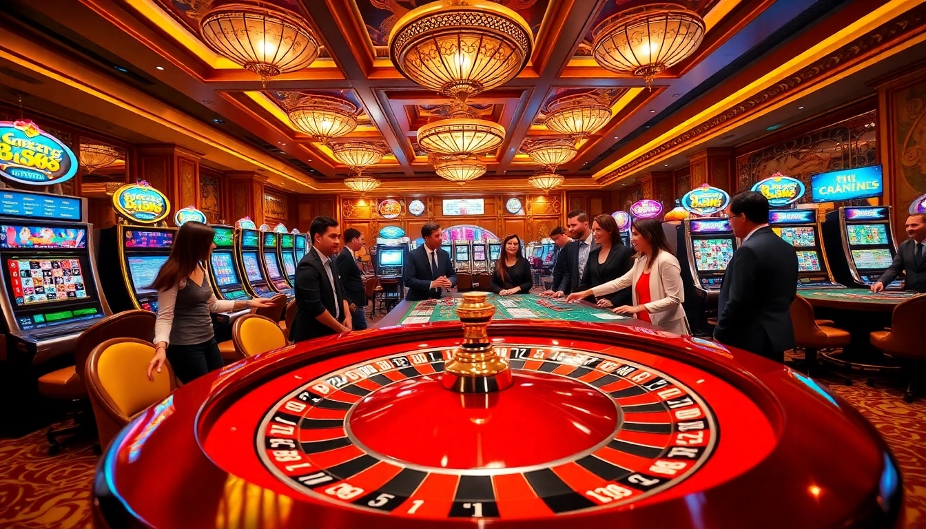 Players enjoying a thrilling game at U888 casino, with vibrant tables and slot machines.