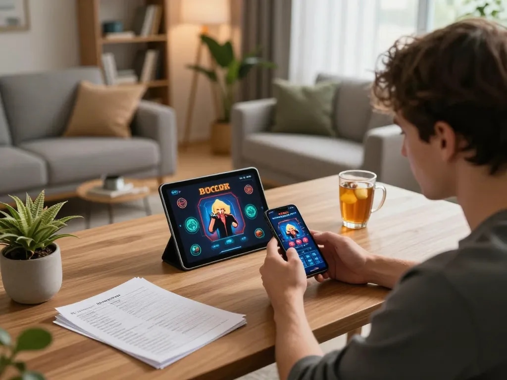 Engage in strategic gameplay with go8 online casino app on smartphone in cozy living room setting
