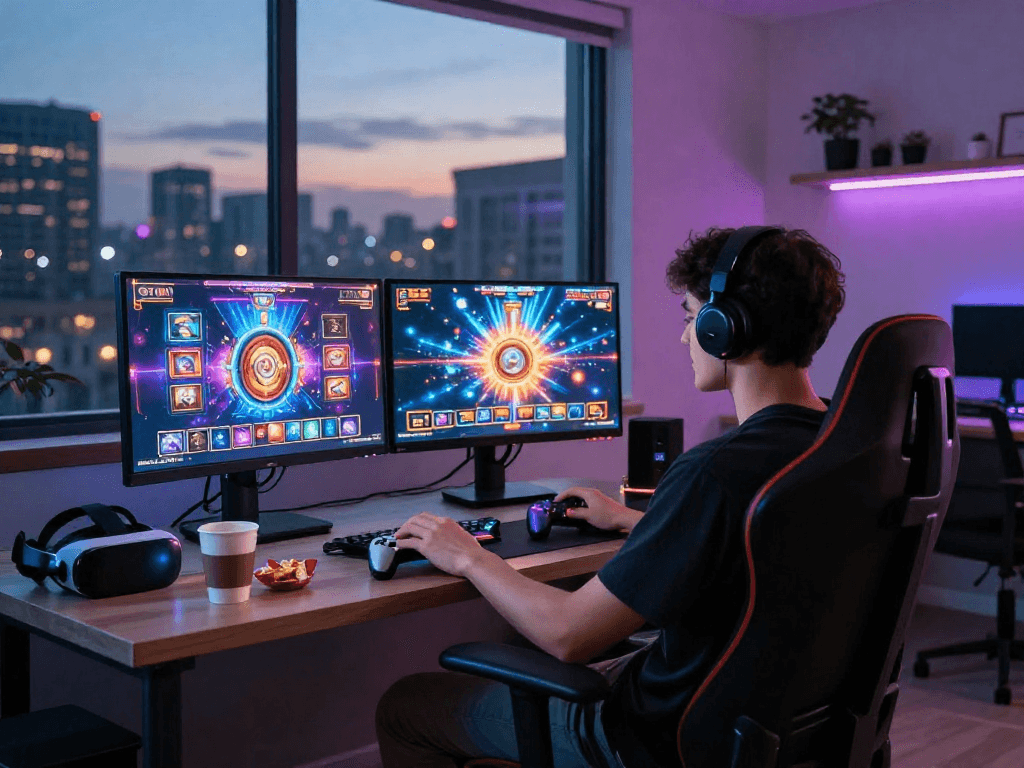 Engaging player at situs slot terbaru setup enjoying vibrant online slot games in a modern gaming space.