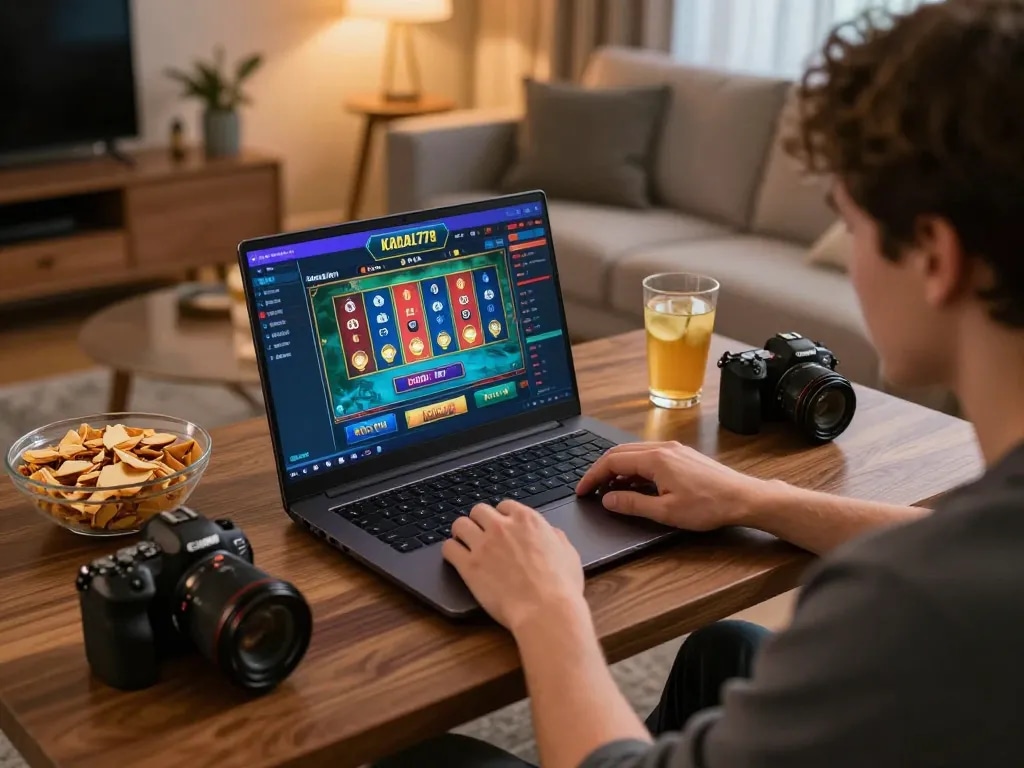 KADAL778 gaming setup at home showcasing engaging poker gameplay on a laptop.