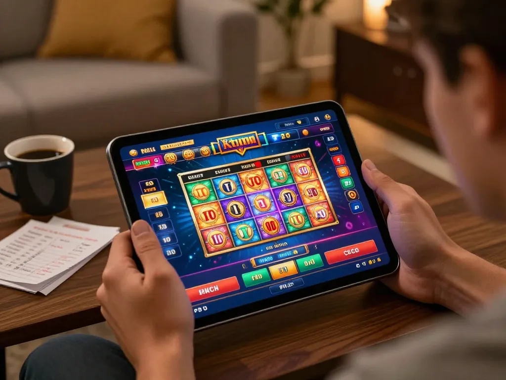 Engaging in a thrilling toto slot game on a tablet in a cozy home setting