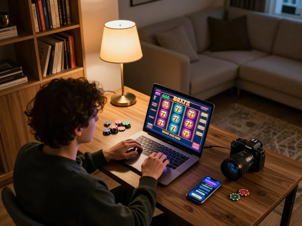 Engaging online player experiencing slot 777 games on a laptop in a cozy home setting.