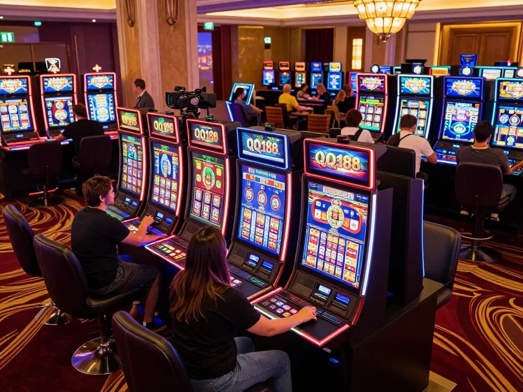 Pemain menikmati mesin QQ188 Slot di lingkungan kasino yang penuh warna, terlibat dengan tampilan yang berwarna-warni dan permainan yang dinamis.