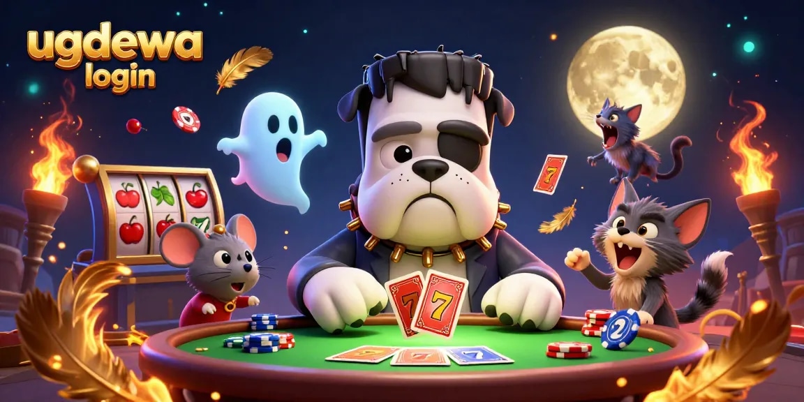 Engage with the ugdewa login as a 3D cartoon Frankenstein bulldog deals cards at a vibrant casino table.