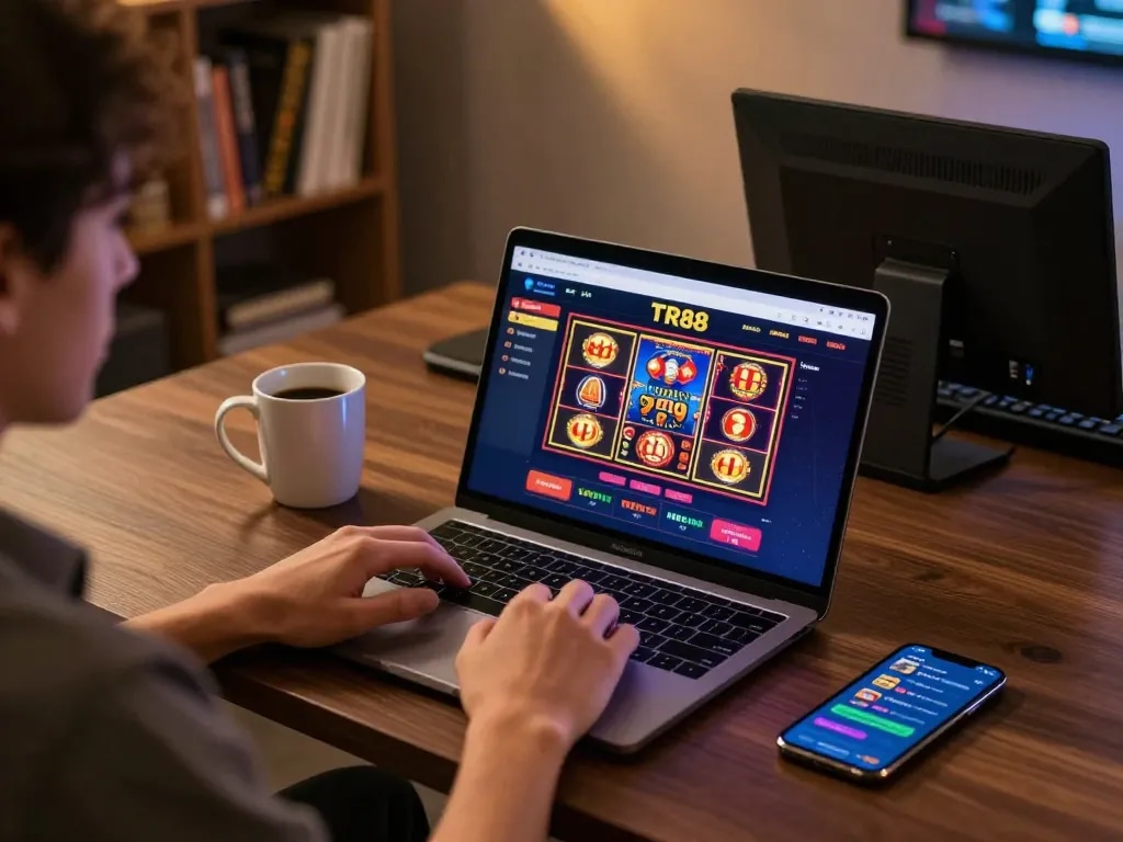 Player enjoying TR88 online casino with laptop and mobile device in a cozy home office