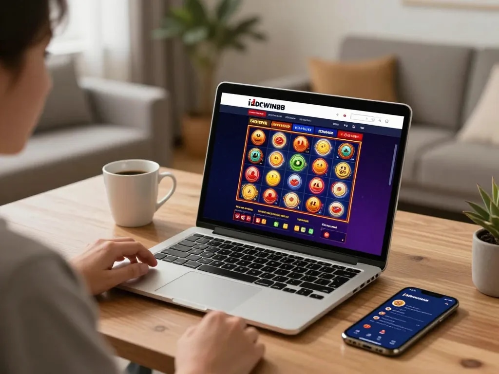 Engaging online gaming session at IDCWIN88 showcasing colorful slot options on a laptop.