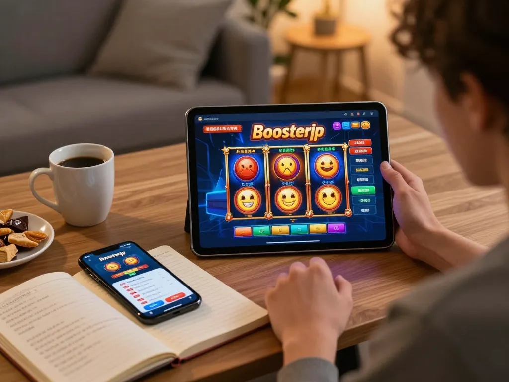 Playing exciting slot games on boosterjp platform from a cozy home setup, highlighting comfortable gaming experience.