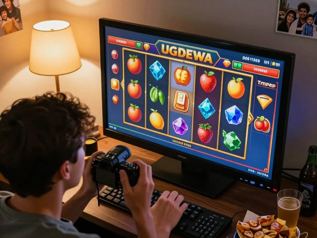 Engaging player immersed in UGDEWA slot game, showcasing vibrant reels and cozy home setup.