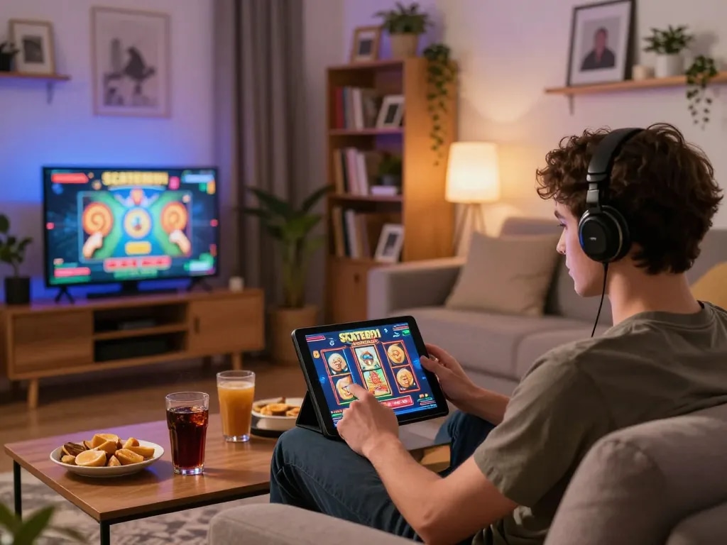 Engaging player enjoying SCATTER911 slot game on tablet in cozy home setup.