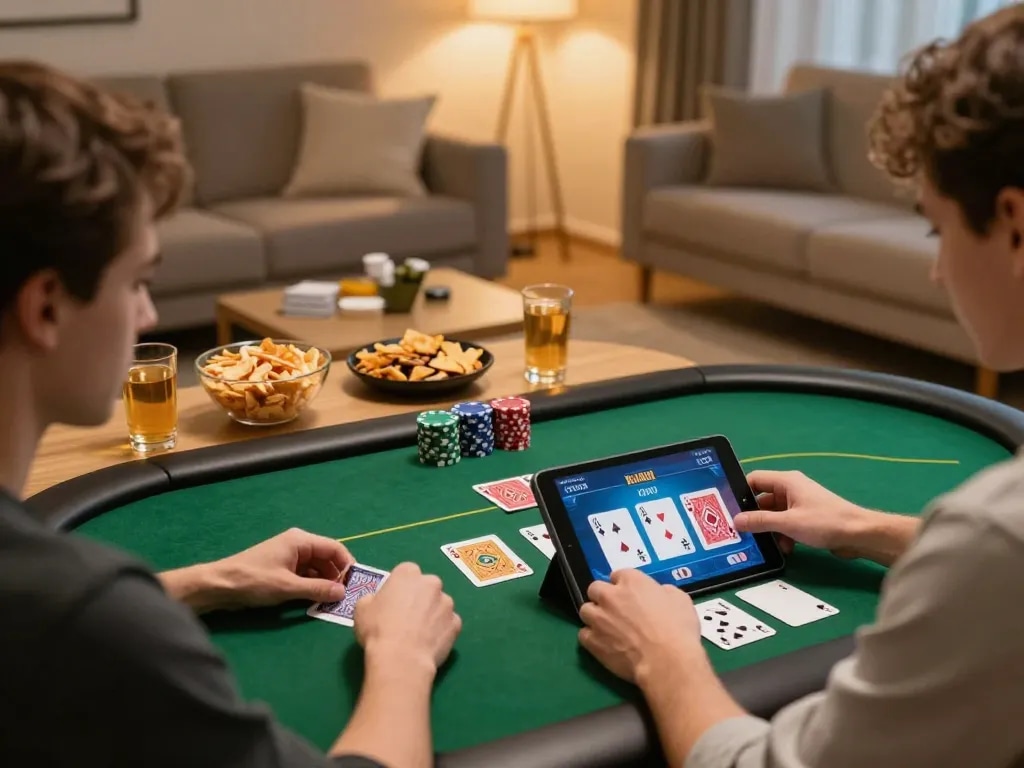 TAYA777 player enjoying online poker game with strategic cards on tablet in cozy living room
