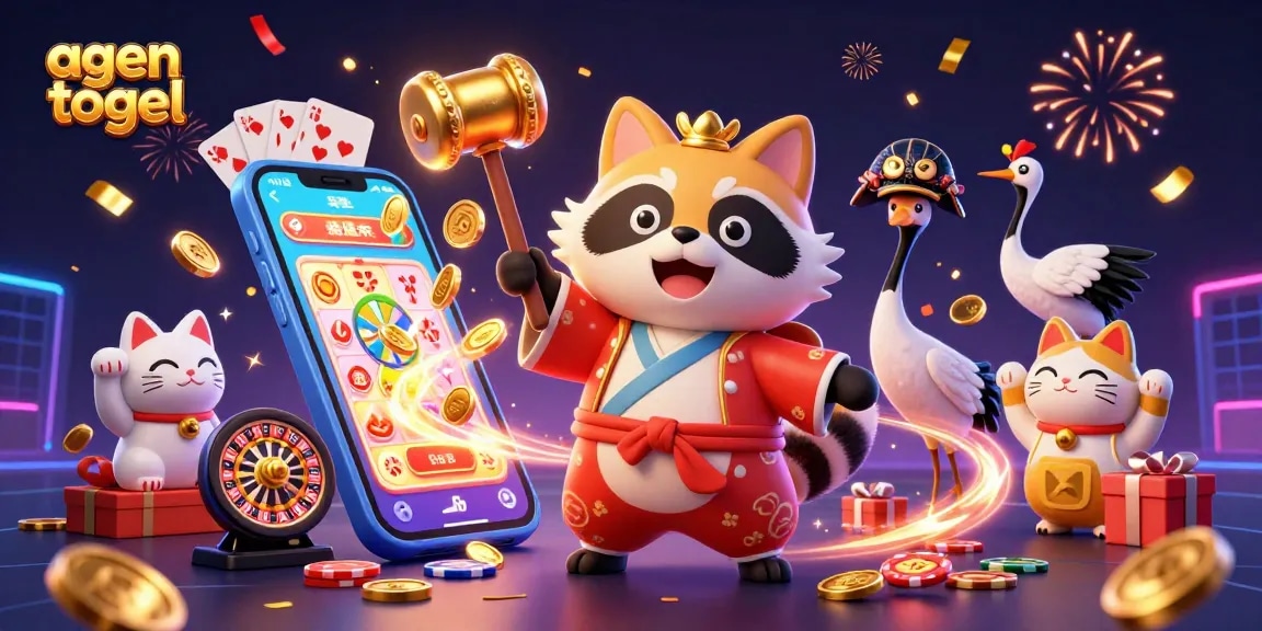 Menggali kemenangan agen togel dengan karakter ceria dan elemen permainan menarik di latar belakang yang memukau.