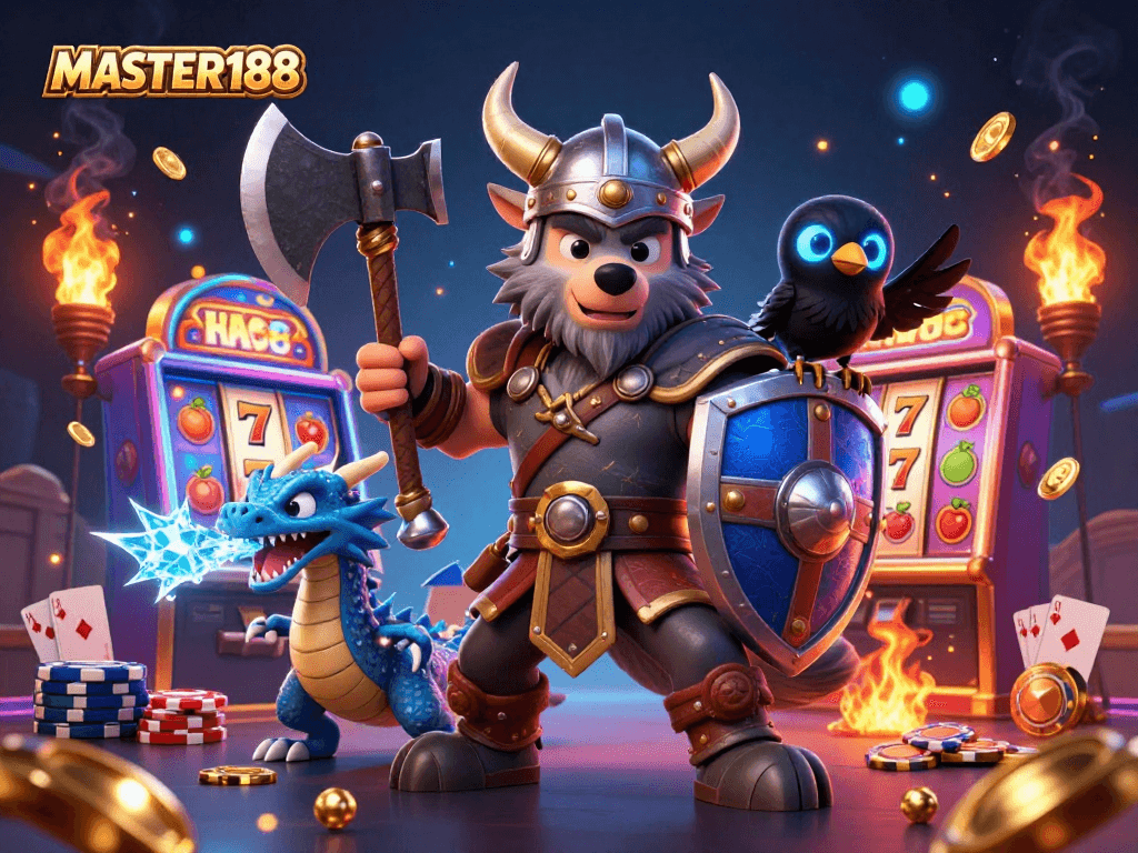 Play slots and win big with MASTER188 featuring a Viking wolf warrior and magical dragon.