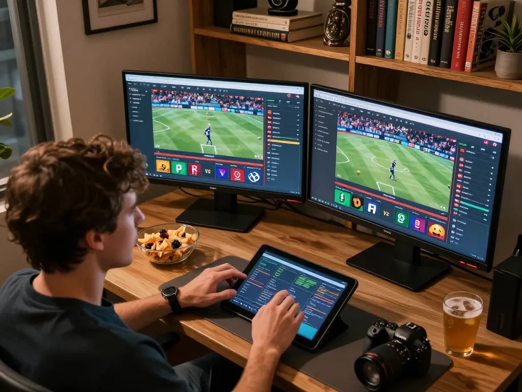 Betting on exciting live sports action at home with 78win app, focused player engaged in strategic decisions.