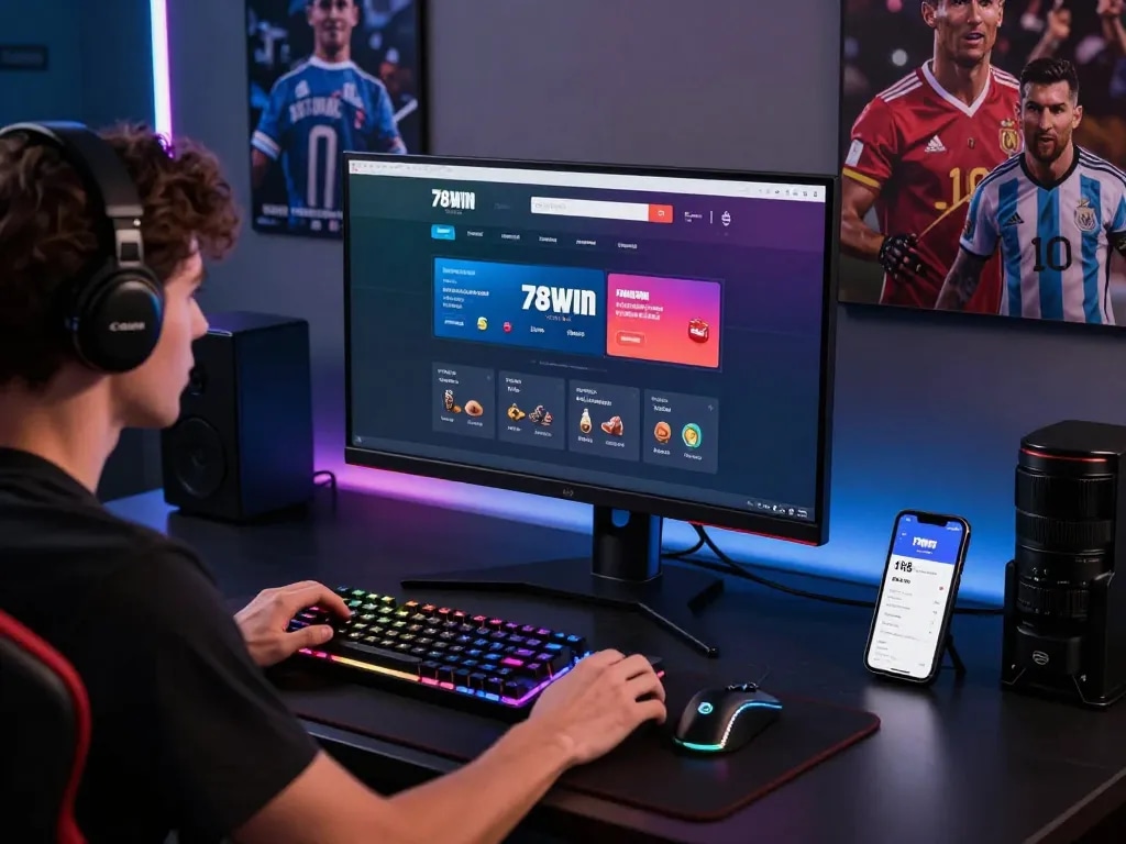 Engaging scene of a player on the 78WIN homepage in a modern gaming setup, showcasing interactive online betting.