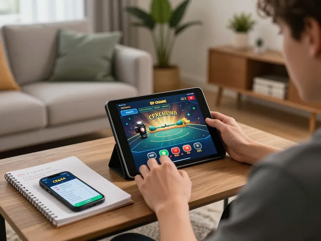 Engaging gaming session on ck444s.net shows player utilizing tablet for online casino experience at home
