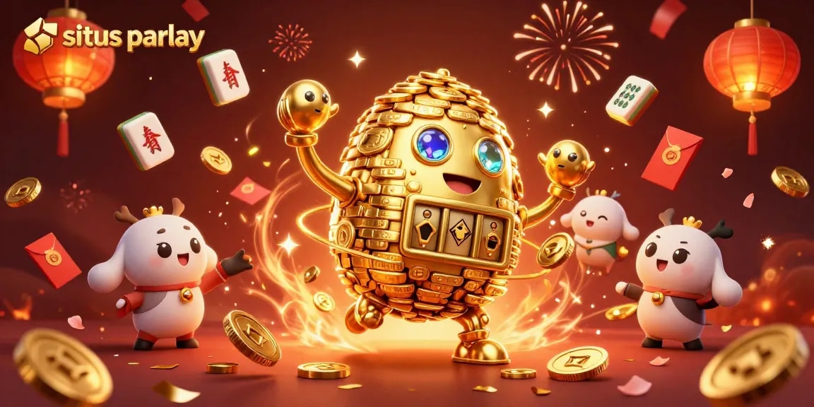 Putar dan menangkan di situs parlay dengan simbol mesin slot yang mengelilingi golem emas.