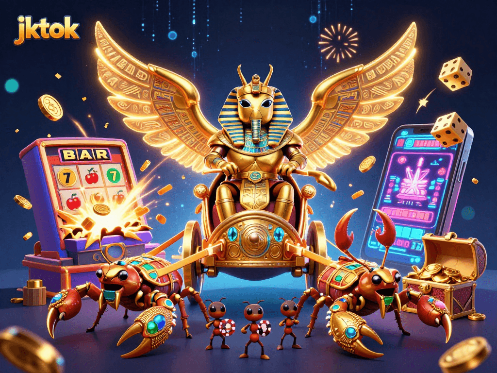 Rasakan keseruan jktok dengan slot mesin jackpot dan karakter menarik dalam ilustrasi 3D.