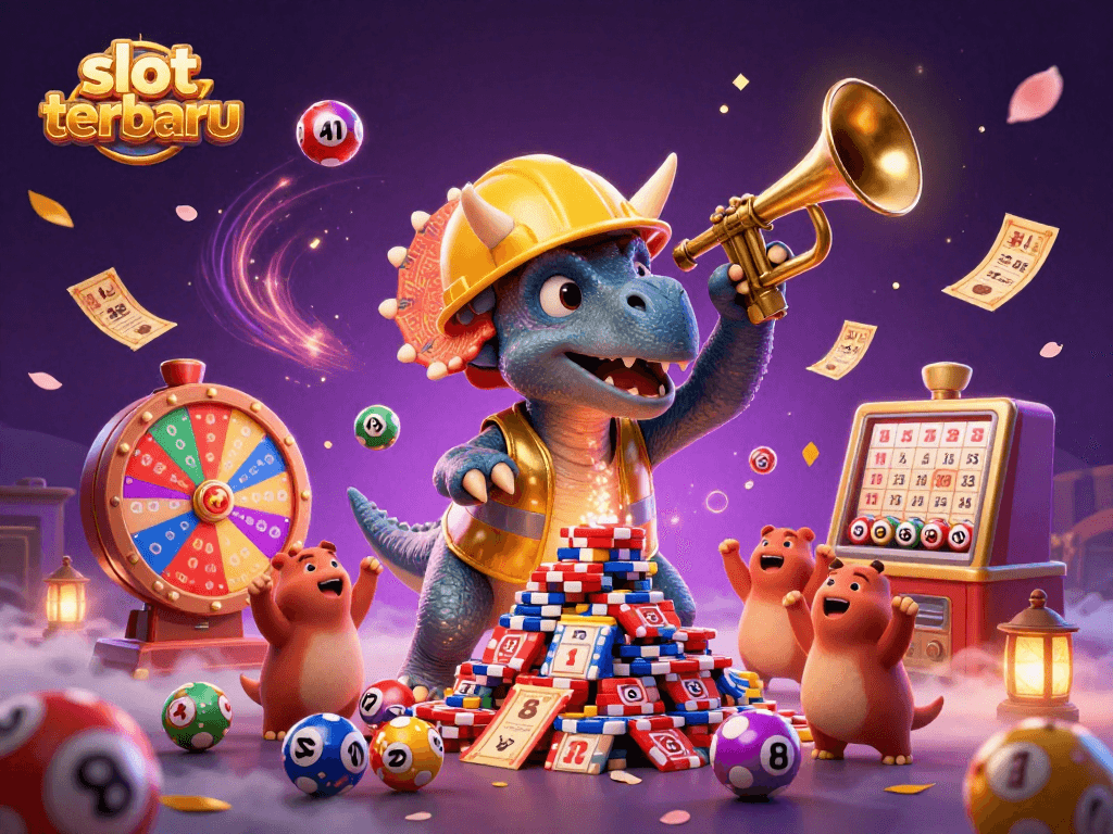 Play and win with slot terbaru as a triceratops builds a poker chip pyramid in a vibrant casino scene.