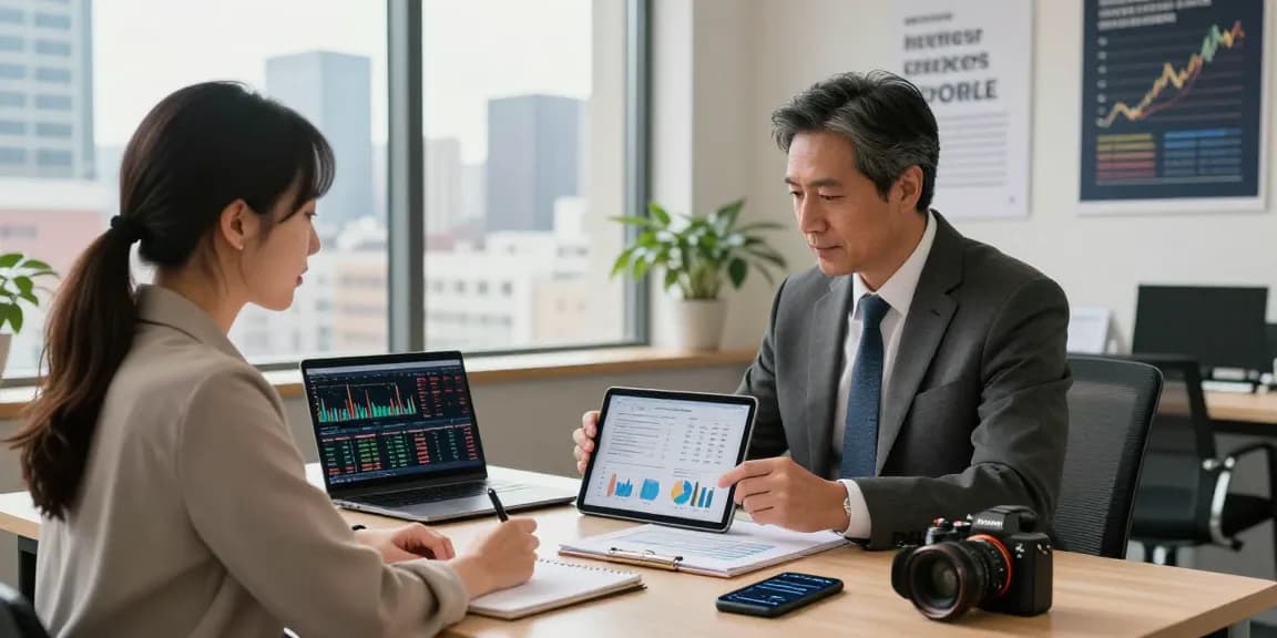 Interaksi profesional antara penasihat investasi dan klien di ruang kantor uangemas99 yang modern.