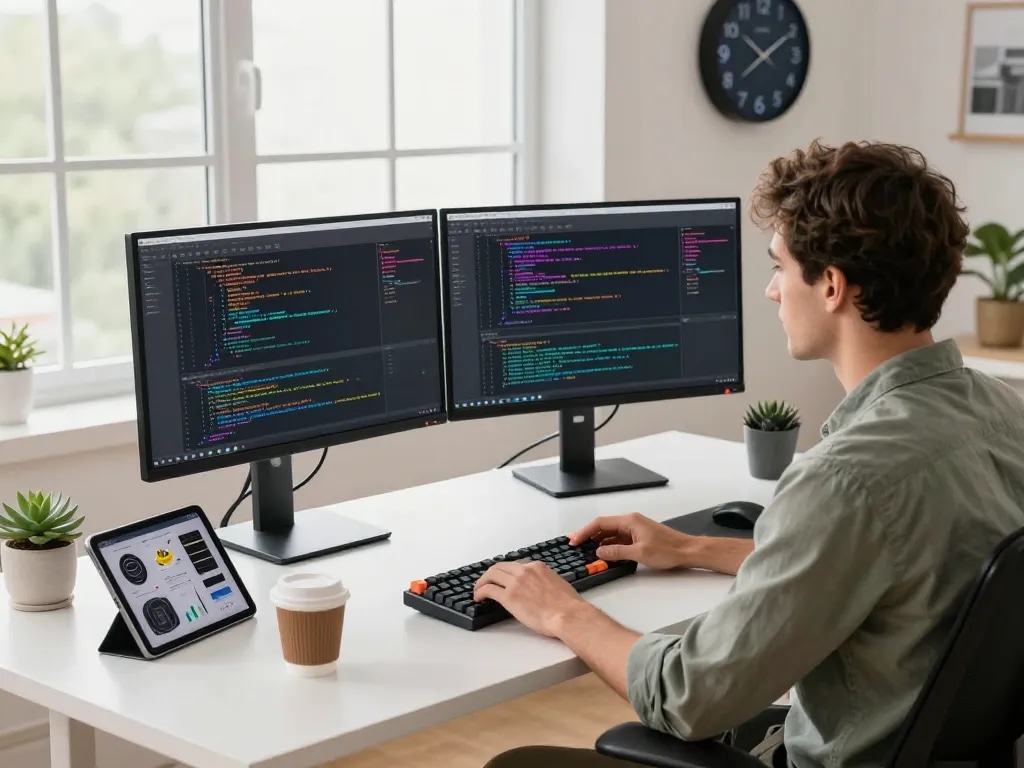Developer coding with crush ai tools in a modern workspace setting, dual monitors highlight vibrant code.