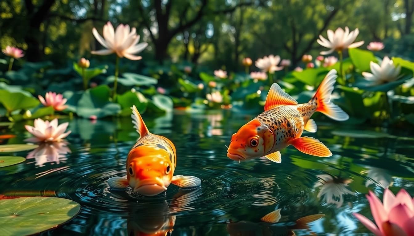 Koi toto berenang di kolam damai dengan bunga lotus mekar.