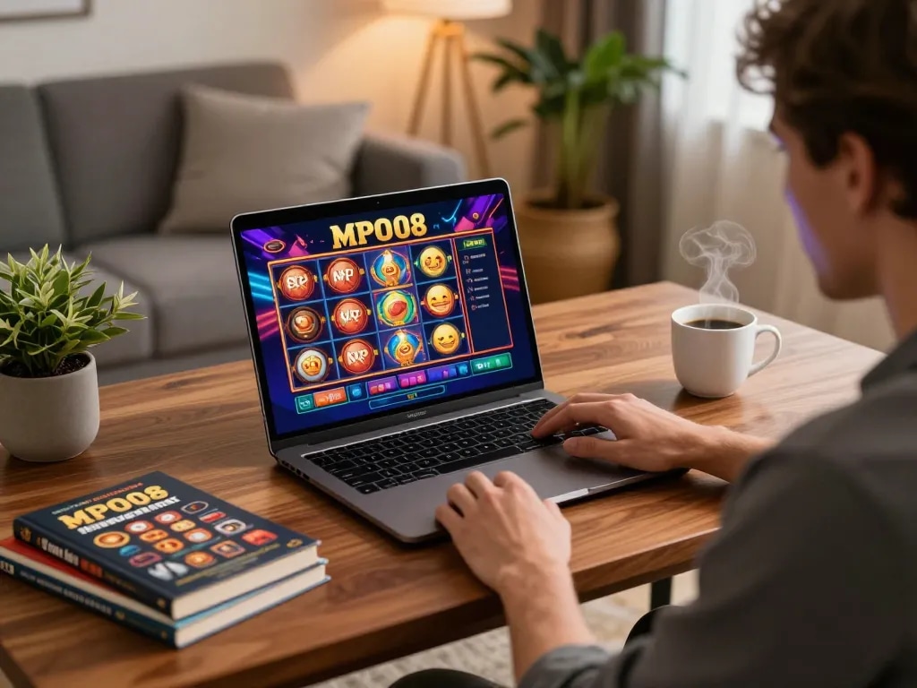 Player enjoying MPO08 online slots in a cozy, well-decorated home gaming setup.